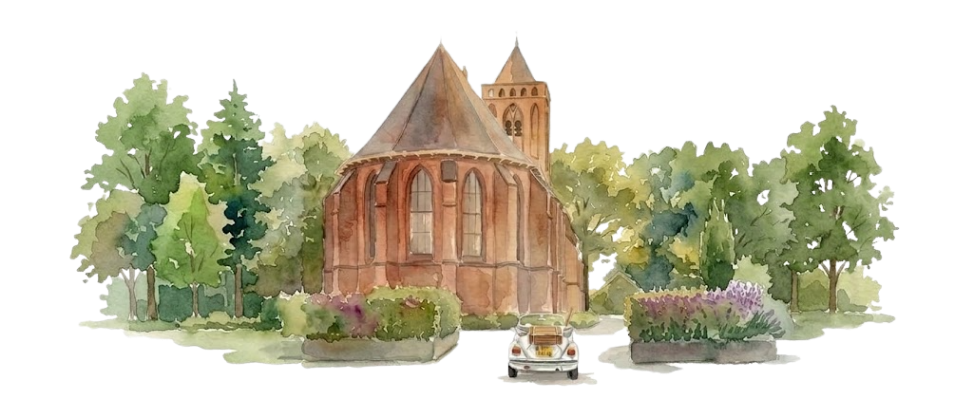 Watercolour painting of Het Dikke Torentje: a brick village church with a
                  pointed tower, framed by trees, with a vintage wedding car on the drive